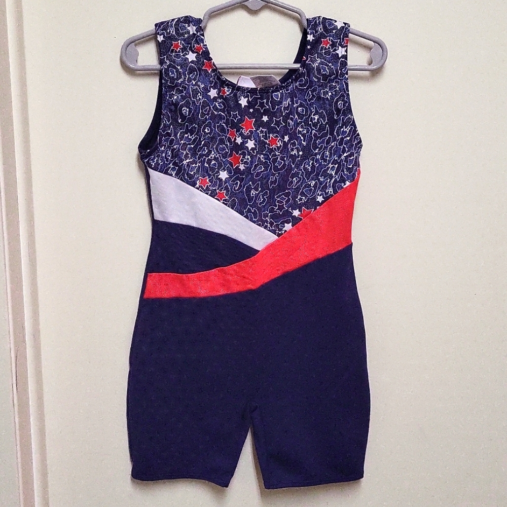 Moret Active Girl Red, White, and Navy Blue One-piece Dance/Gymnastics Outfit